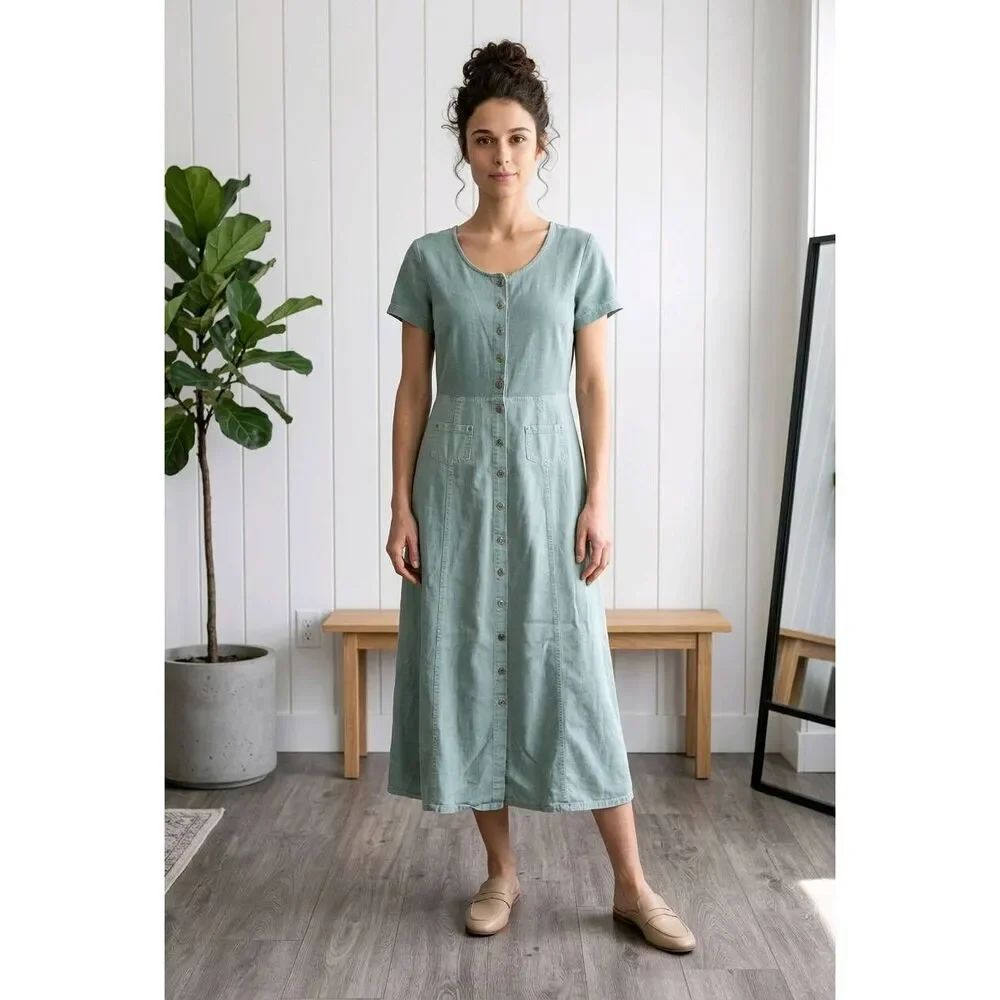 🔹️Vintage California Gold Rush Sage Green Knit & Denim Dress Large